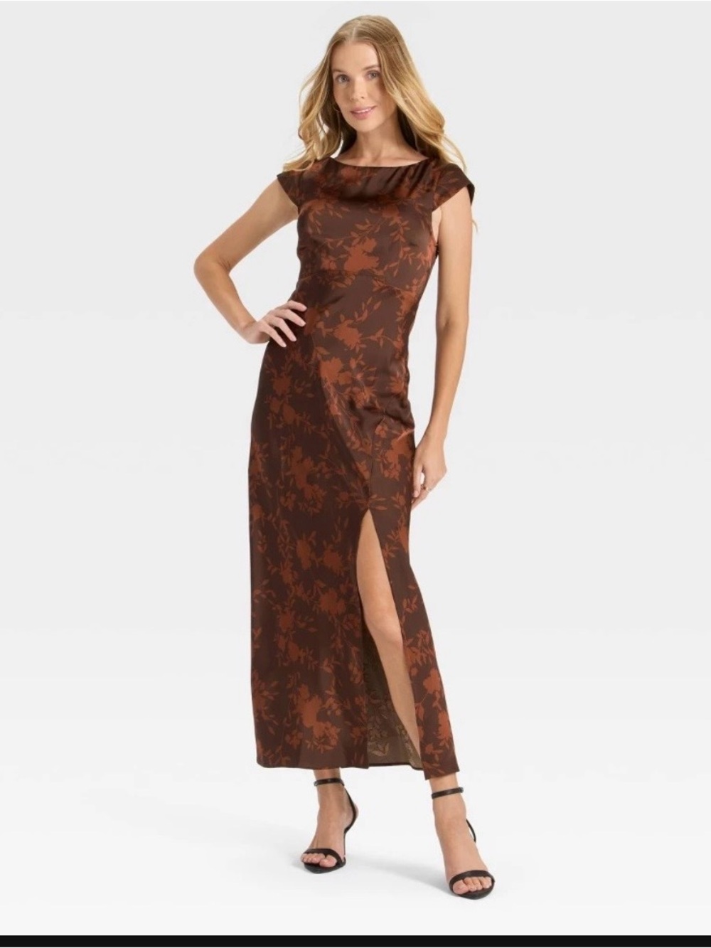 Brown Floral Cap-Sleeve Maxi Dress with Side Slit size Large